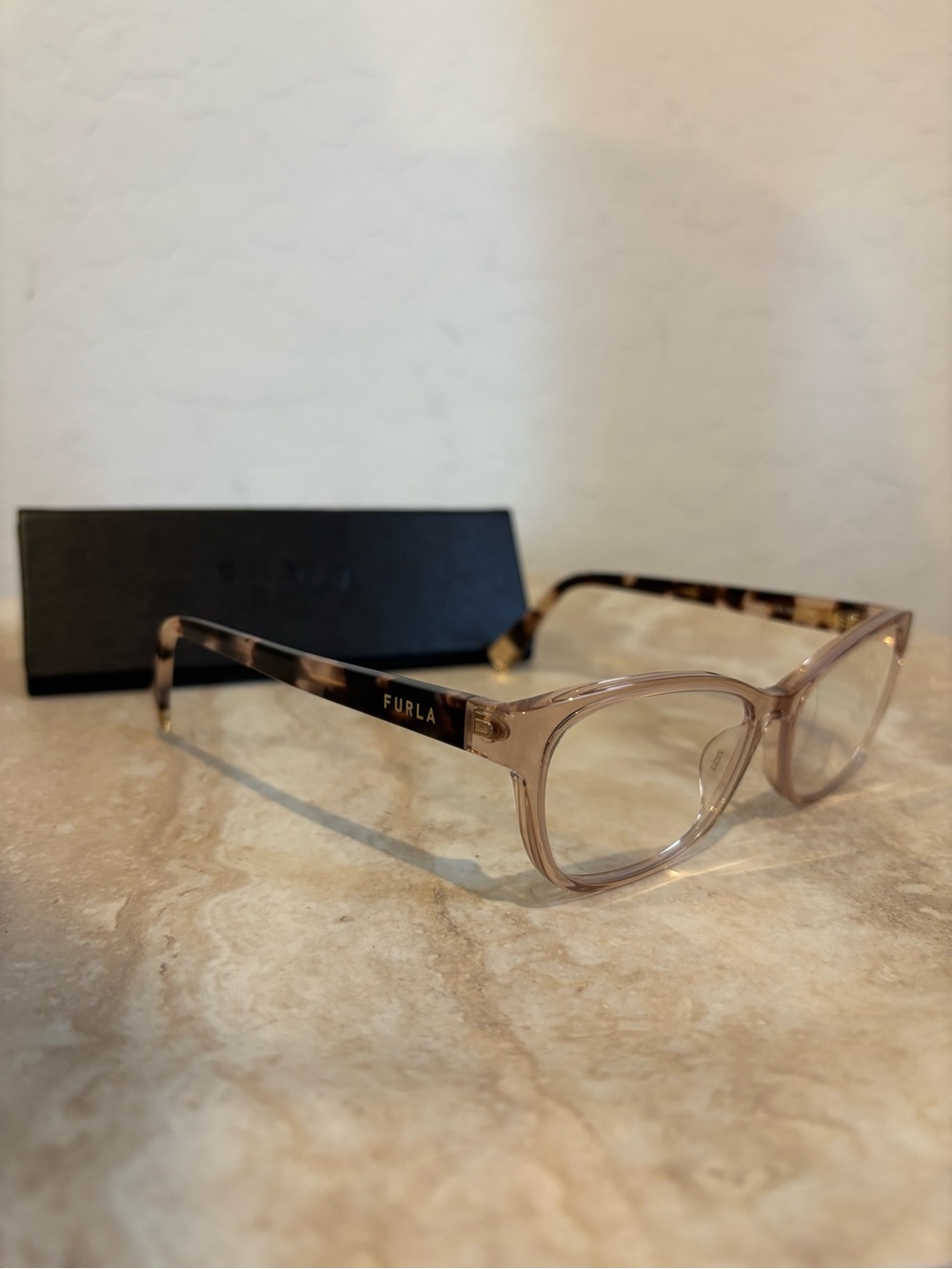 Furla VFU846K Translucent Pink Front with Tortoiseshell Arms Eyeglasses